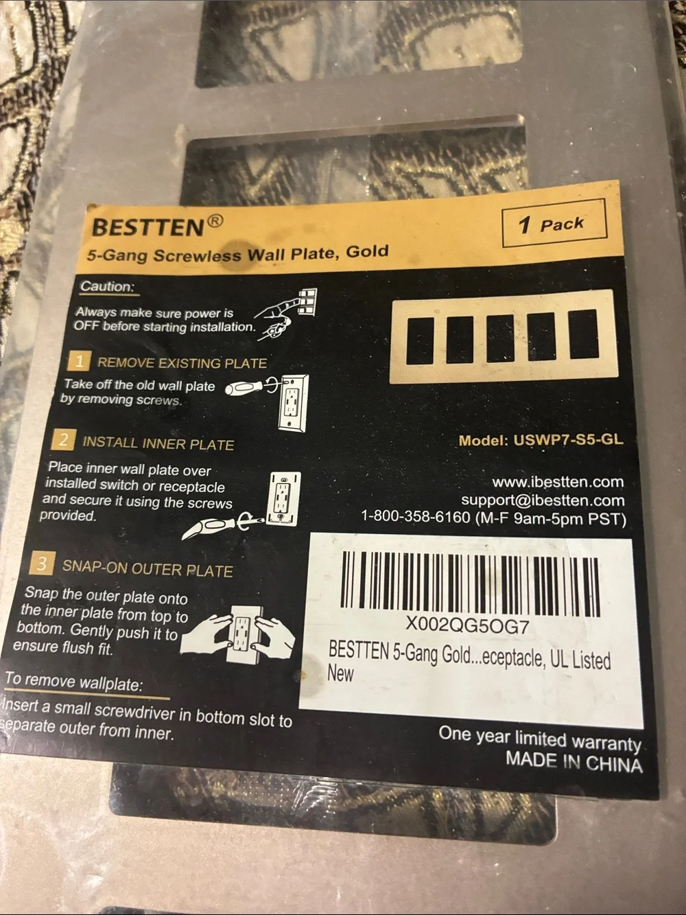 Gold 5-Gang Screwless Wall Plate – 1 Pack